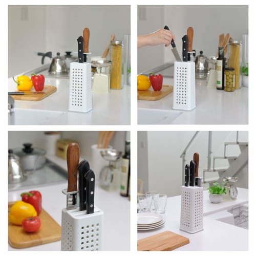 Inomata Chemical (Inomata-k) Knife Stand, White, Approx. 9.2cm Wide x 9.2cm Deep x 21.5cm High, 0400