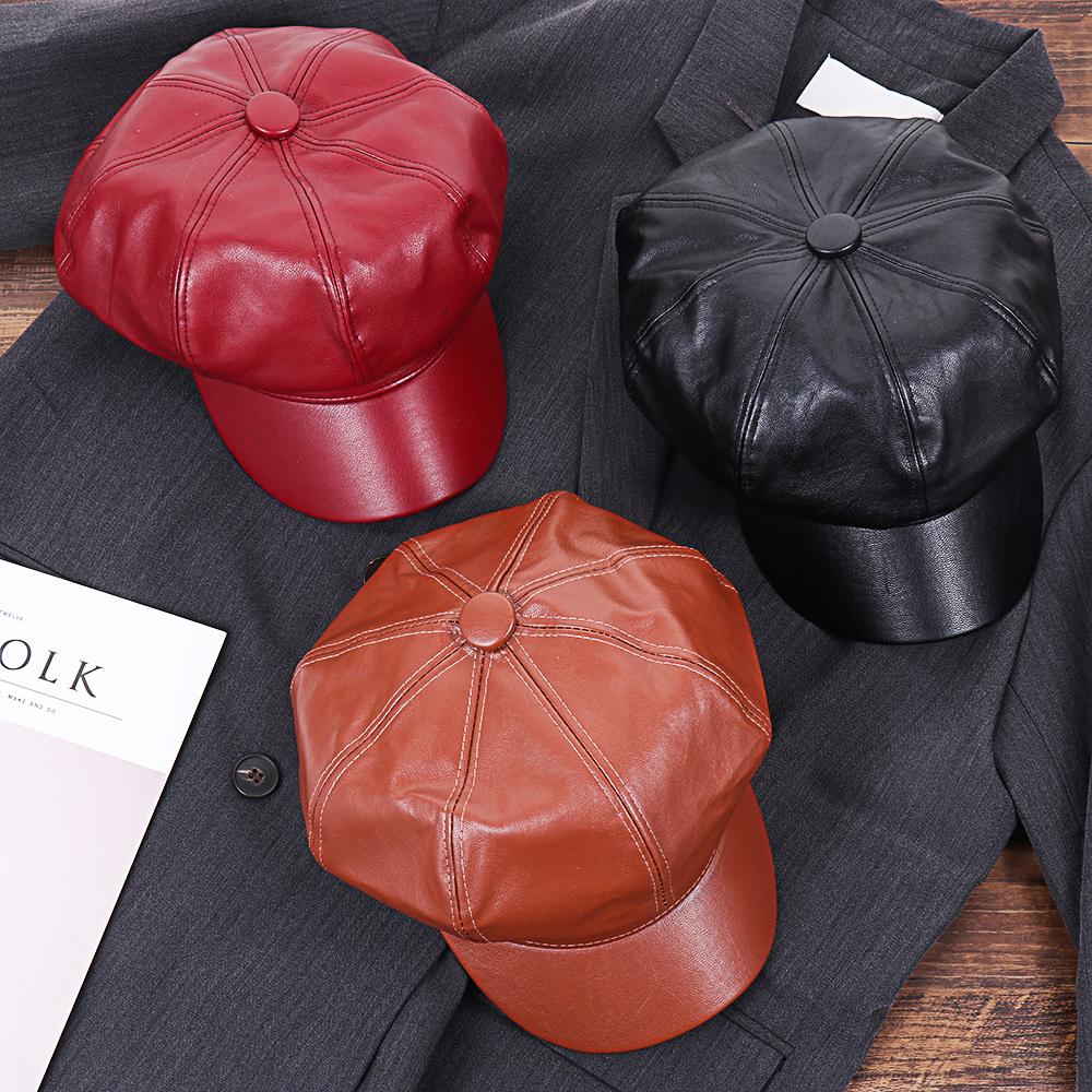 Ladies Women Girls PU Leather Solid Color Octagonal Beret Hat Newsboy Hat Peaked Cap Newsboy Cap