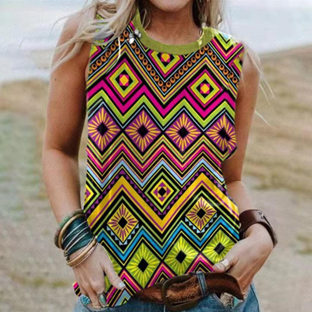 Геометрия 3D принт в западном этническом стиле майки женские повседневные свободные жилеты без рукавов с открытыми плечами Y2k майка женская одежда