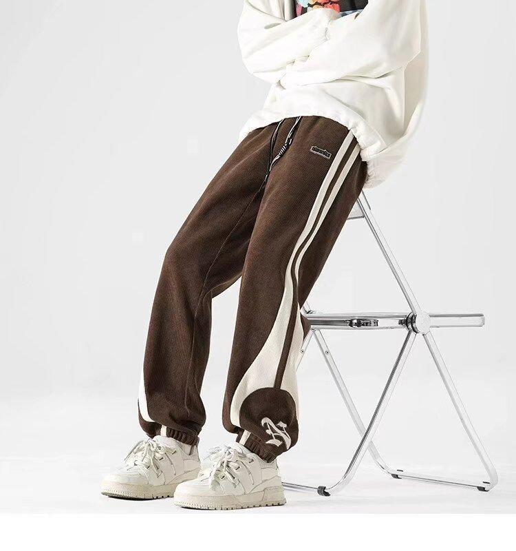 Мужские осенние вельветовые спортивные штаны контрастного цвета, винтажные теплые спортивные штаны, уличная одежда, свободные повседневные брюки в полоску