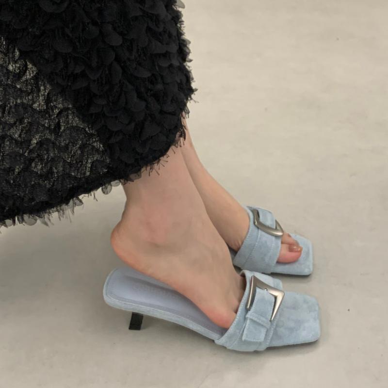 Summer Fashion Square Toe Slippers Women Buckle Strap Low Heels Beach Sandals Slide Party Shoes Zapatos De Mujer