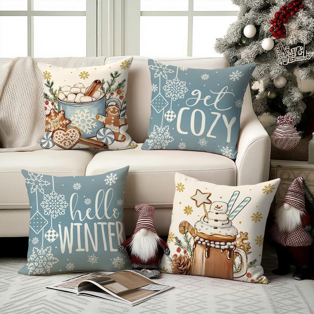 1/4Pcs Blue Christmas Pillowcase, Gingerbread Man Cotton Candy Hot Drink Cup Design Cushion Cover, Christmas Decoration