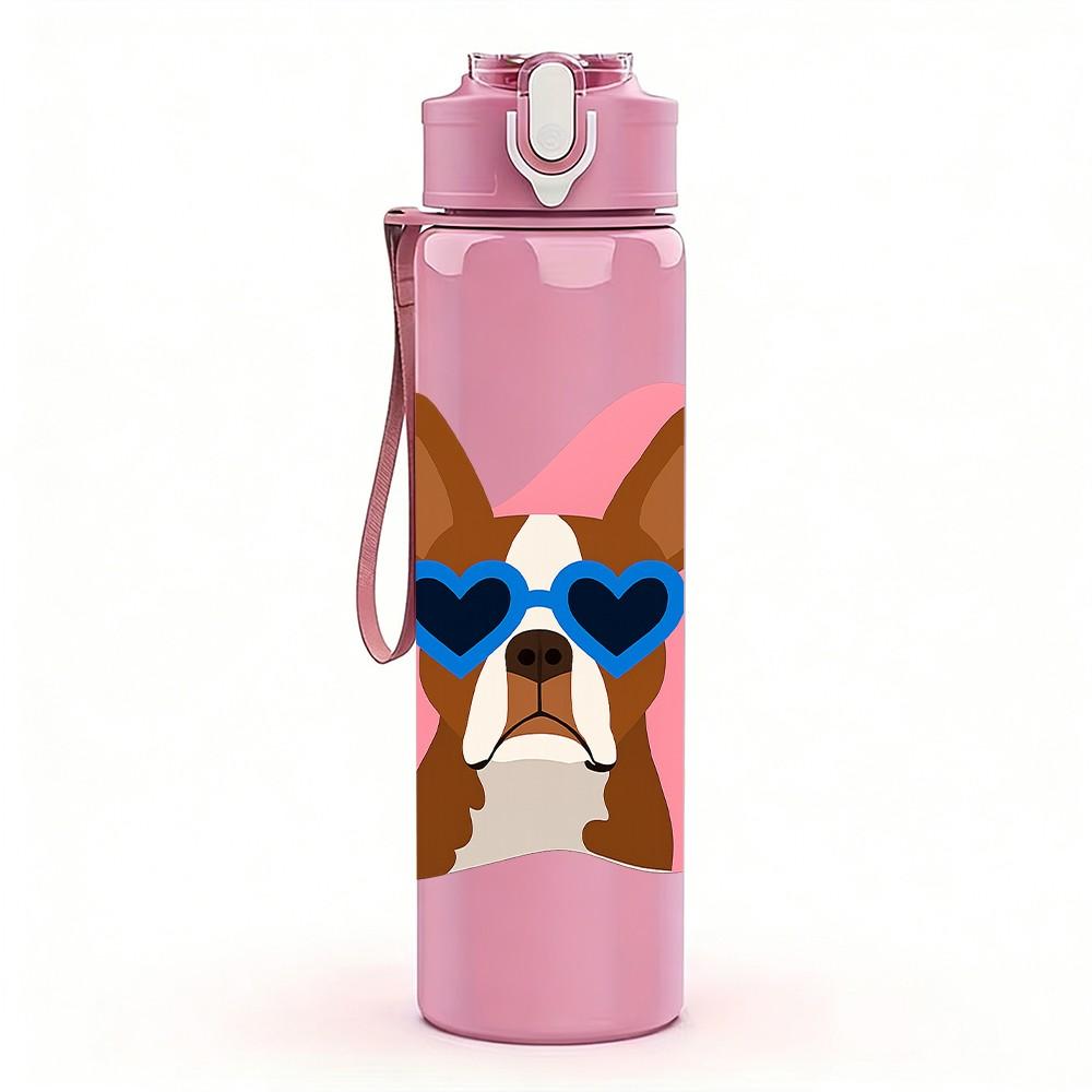 1PC French Bulldog Glasses Cool 750ml Color Plastic Sports Water Bottle Leakproof Flip Straw Lid Suitable for Sports Office Home Use