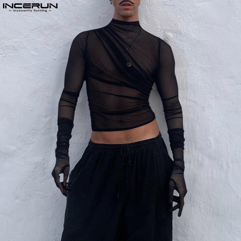 INCERUN Мужские прозрачные топы с длинным рукавом и оборками для клубной вечеринки, короткие сетчатые футболки