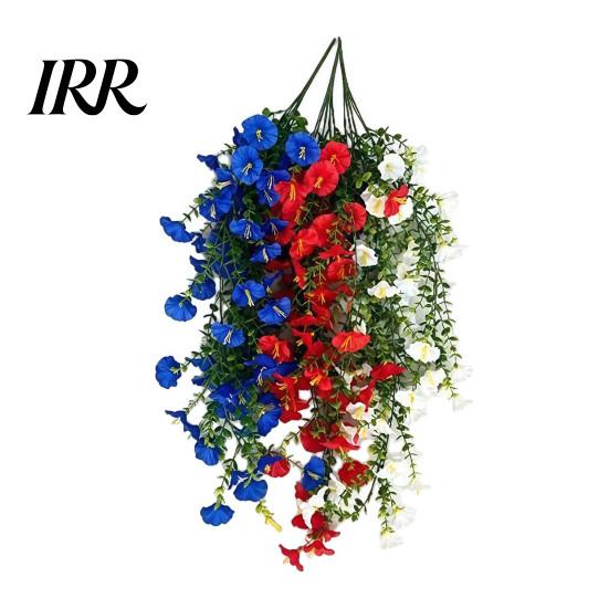 Weatherproof Artificial Flowers Patriotic Red White Blue Hanging Morning Glory Flower Vine UV Resistant Fake Plants for 4th of July Memorial