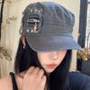 Y2k Metal Rivet Flat Top Hat Cloth Equestrian Hat Personality Retro Baseball Cap  Travel