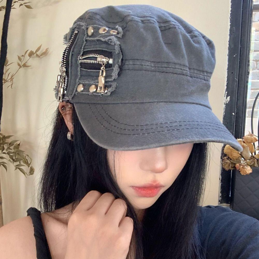 Y2k Metal Rivet Flat Top Hat Cloth Equestrian Hat Personality Retro Baseball Cap  Travel