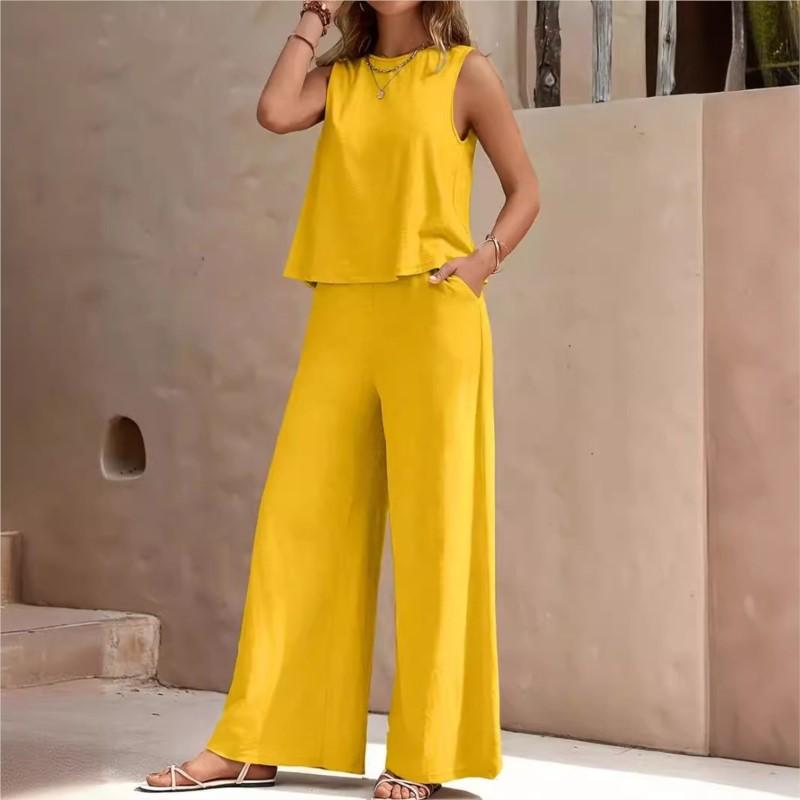 Women's Sleeveless Vest and Trousers Two Piece Set Solid Color Two Piece Round Neck Top Pants Suit Casual Set Vacation