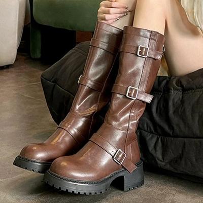 Платформа Женские Высокие Сапоги Дизайнер Ретро Средний Каблук Мотоциклетные Сапоги Зимние Массивные Туфли Тренд Гладиатор Chaussures Femme