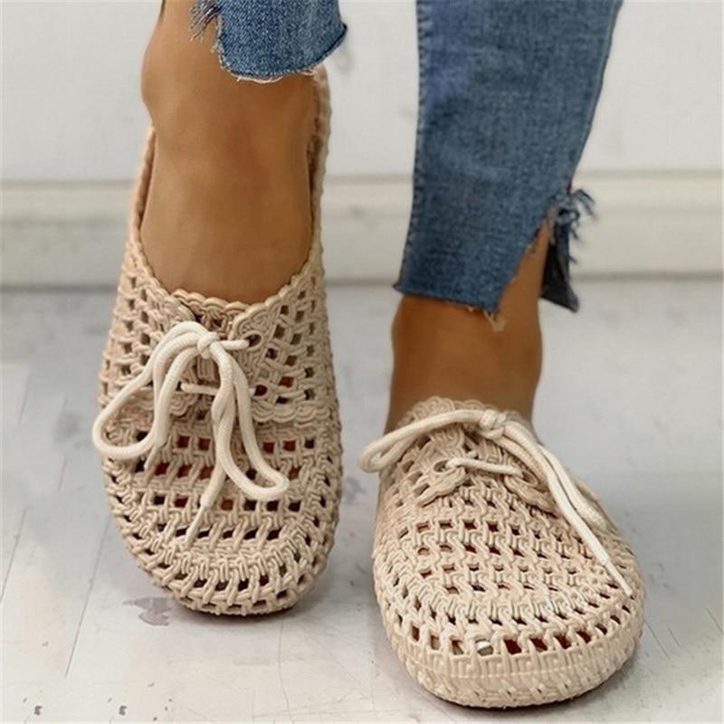 Summer Slippers Shoes Woman Closed Toe Breathable Flip Flops Women Hollow Out Lace Up Outdoor Slides Women Flat Dropship