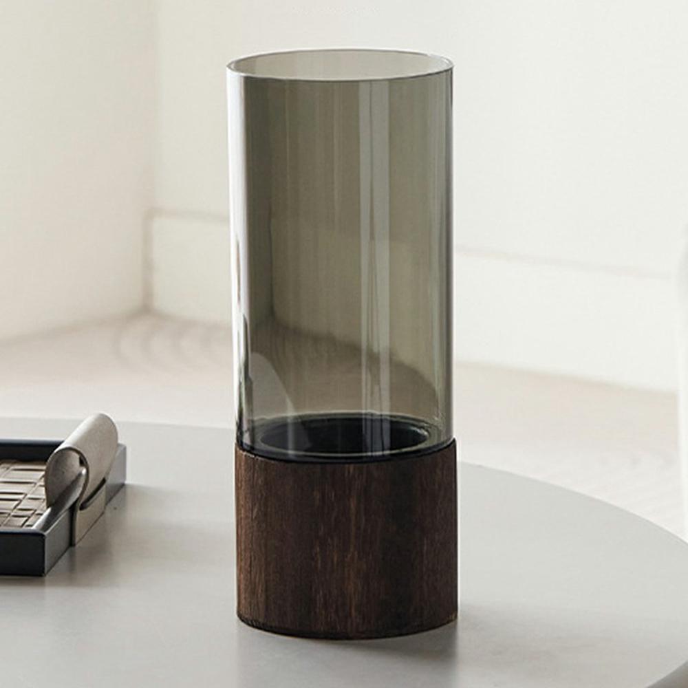 10x25cm Minimalist Flower Vase with Wooden Base PET Transparent Cylinder Vase Living Room Decoration