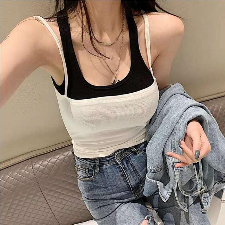 Summer New Korean Style Sexy Hottie Slim Fake Two-piece Color Matching Camisole for Women To Wear Inside and Outside The Top