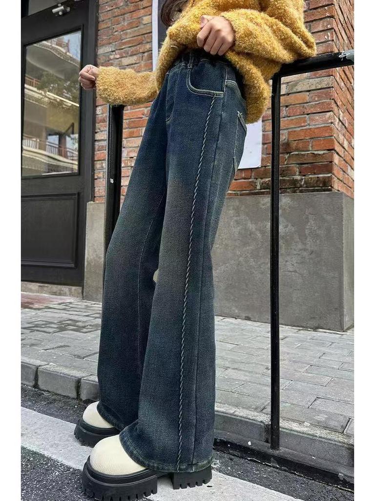 Girls' Plus Velvet Flared Pants - Stylish Slim Fit Autumn/Winter Jeans for Older Children and Students
