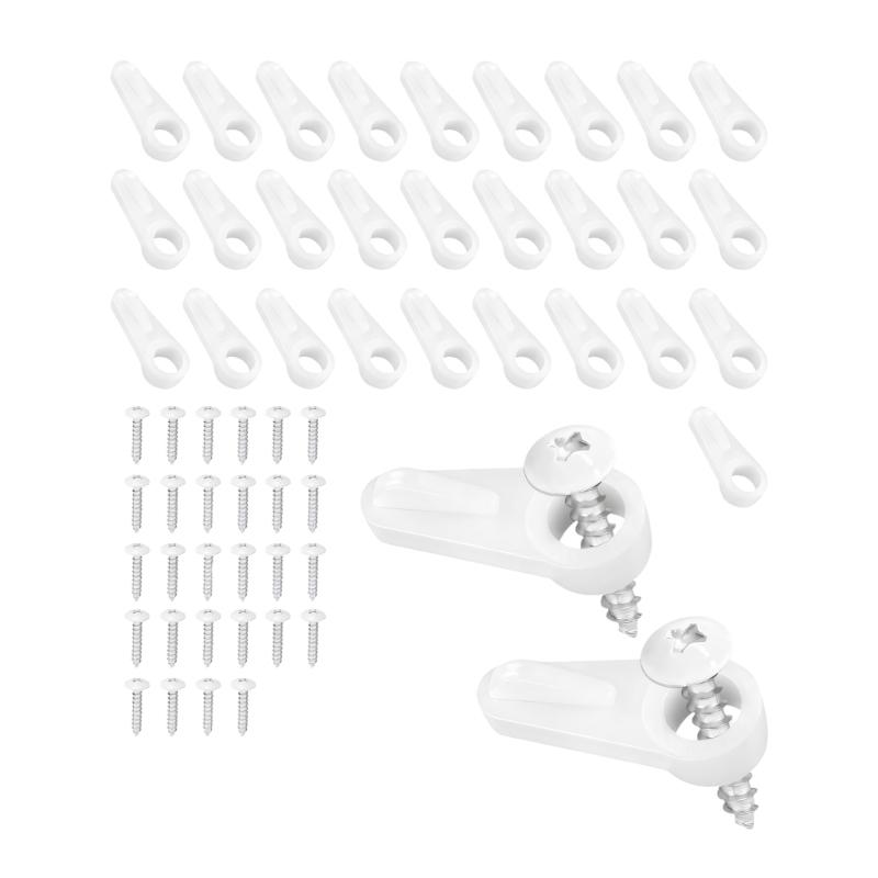 White screen replacement hardware with screws for window repair, plastic retainers for home fitting and spare storage