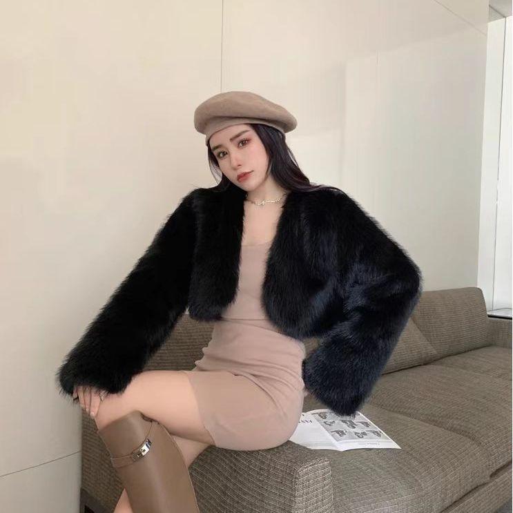 Зимнее классическое темпераментное женское плюшевое короткое пальто с чистым V-образным вырезом, в повседневном стиле, женское пальто из лисьего меха