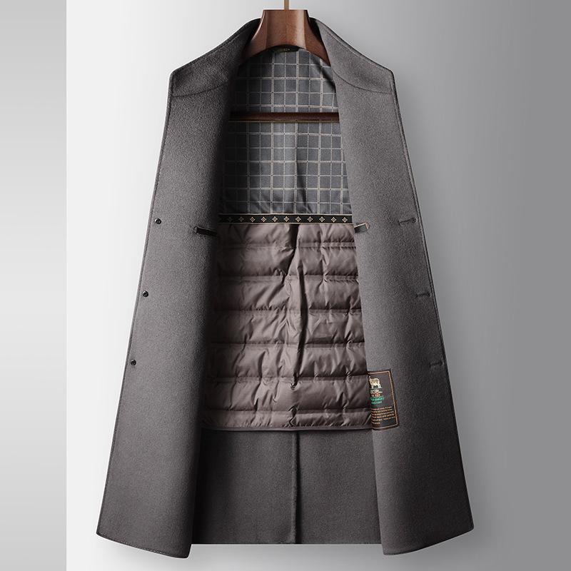Мужское шерстяное пальто осенне-зимнее длинное с воротником-стойкой, с отстегивающимся белым гусиным пухом, для среднего и молодого возраста, двухсторонний твидовый тренчкот