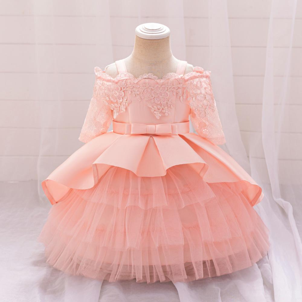 Fluffy Flower Wedding Kids Dress For Girl Elegant Pink 1st Birthday Princess Tutu Prom Party Dresses Child Bow Lace Evening Gown
