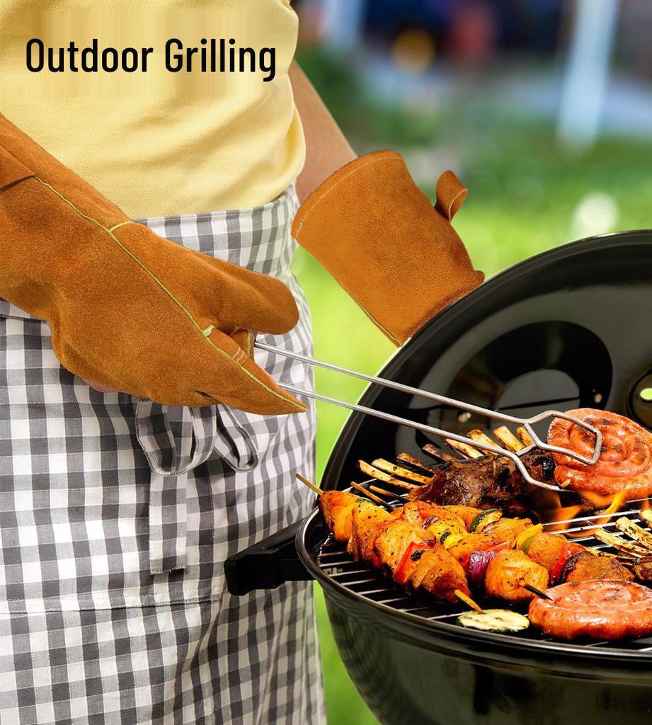 Перчатки из коровьей кожи, термостойкие, для барбекю и сварки - Изолированные алюминиевой фольгой, безопасные для камина и духовки.