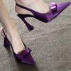 Fashion Temperament Baotou Sandals Summer New Pointed Head Shallow Mouth Satin Butterfly Knot Metal Buckle Non-slip High Heels