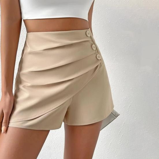 Женские летние шорты с высокой талией, асимметричные плиссированные пуговицы, однотонные, облегающие, мягкие, с контролем живота, длиной выше колена, мини-шорты