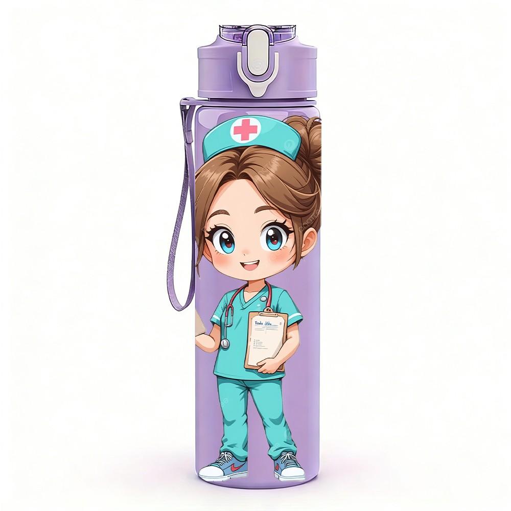 1PC Nurse Doctor Girl Character 750ml Color Plastic Sports Water Bottle Leakproof Flip Straw Lid Suitable for Sports Office Home Use