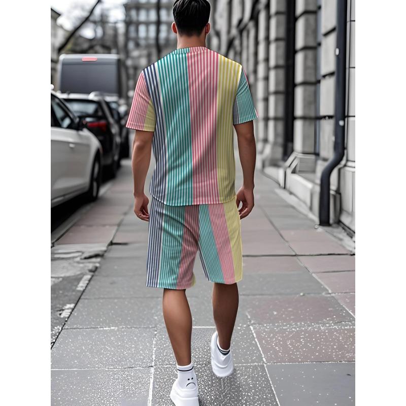Men's Summer Colorful Striped Set: Vertical Line Tee with Matching Shorts. Loose Fit Big Size for Beach & Vacation