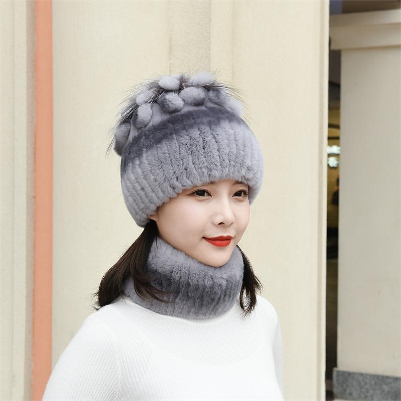 Knitted Women Warm Rex Rabbit Fur Hat Scarf Sets Winter Natural Rex Rabbit Fur Cap Scarves Russia Lady Fur Hats Muffler 2 Pieces