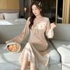 Women's Sexy Spring and Autumn Nightdress Ladies Sweet Lace Ice Silk Loungewear Long Sleeve Homewear