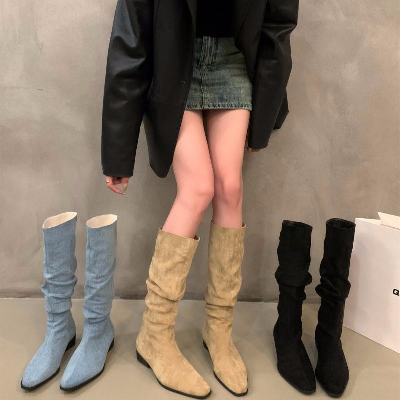Зимние новые модные женские сапоги однотонные с острым носком на низком каблуке, замшевые, с квадратным каблуком, женские высокие модные сапоги
