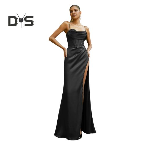 Женское вечернее платье на тонких бретельках с глубоким вырезом и открытыми плечами, без рукавов, с разрезом по низу, плиссированное макси-платье из атласа, свадебное банкетное бальное платье