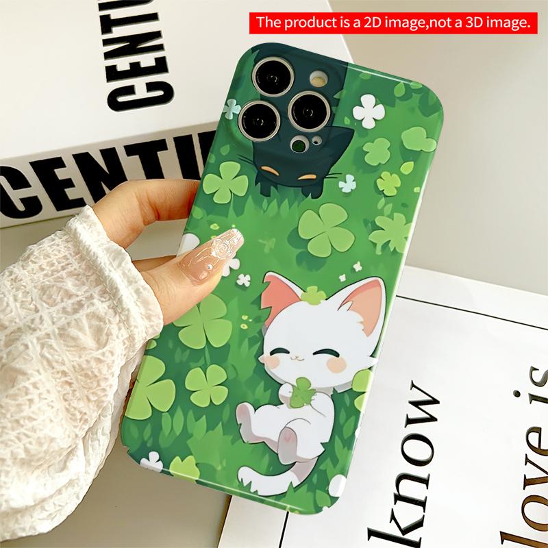 2DFlat Cute Cats in Clover Garden Phone Case All inclusive film hard iPhone case, compatible with iPhone 18 Pro Max 17 16 15 14 13 12 11