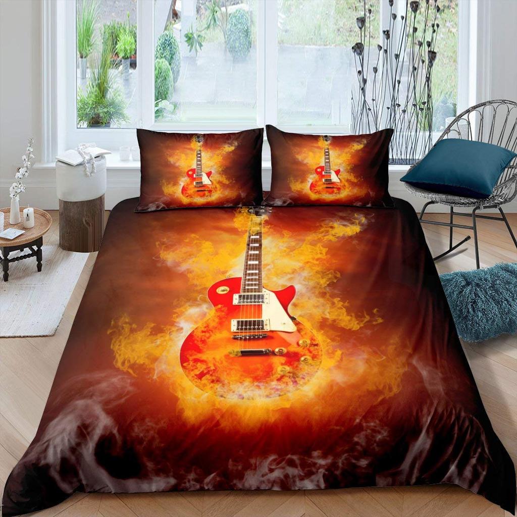 Electric Guitar King Queen Duvet Cover Stringed Instrument Bedding Set Musical Note Quilt Cover Hippie Polyester Comforter Cover
