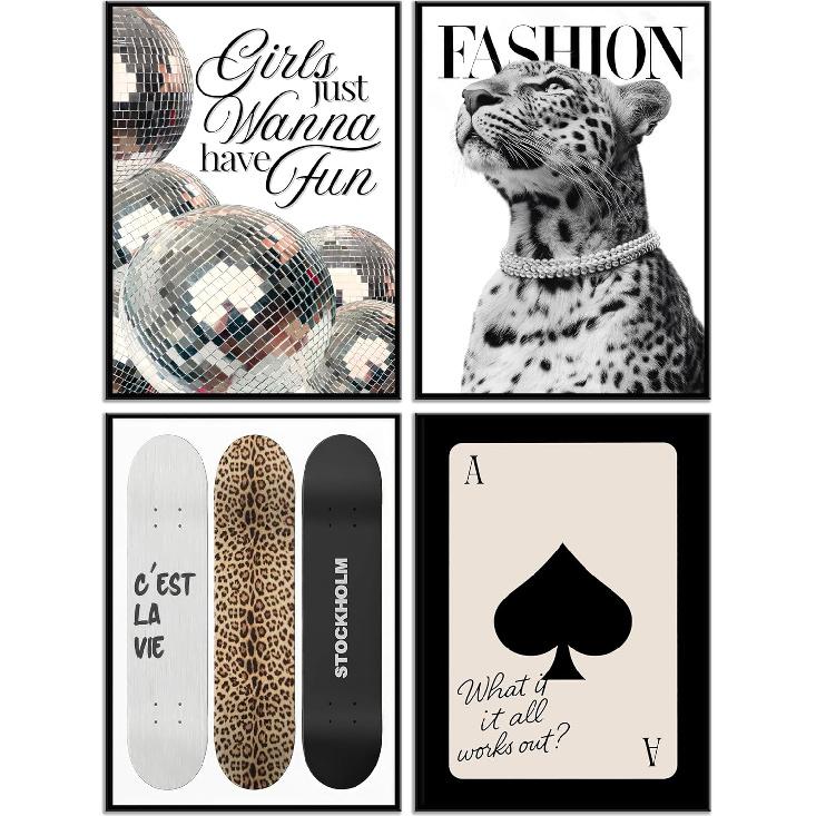 Модное леопардовое настенное искусство в стокгольмском стиле Декор стен комнаты Шикарный Роскошный Мода Y2k Гепардовые Постеры Диско-шар Девочки Хотят Веселиться Фотографии Печать