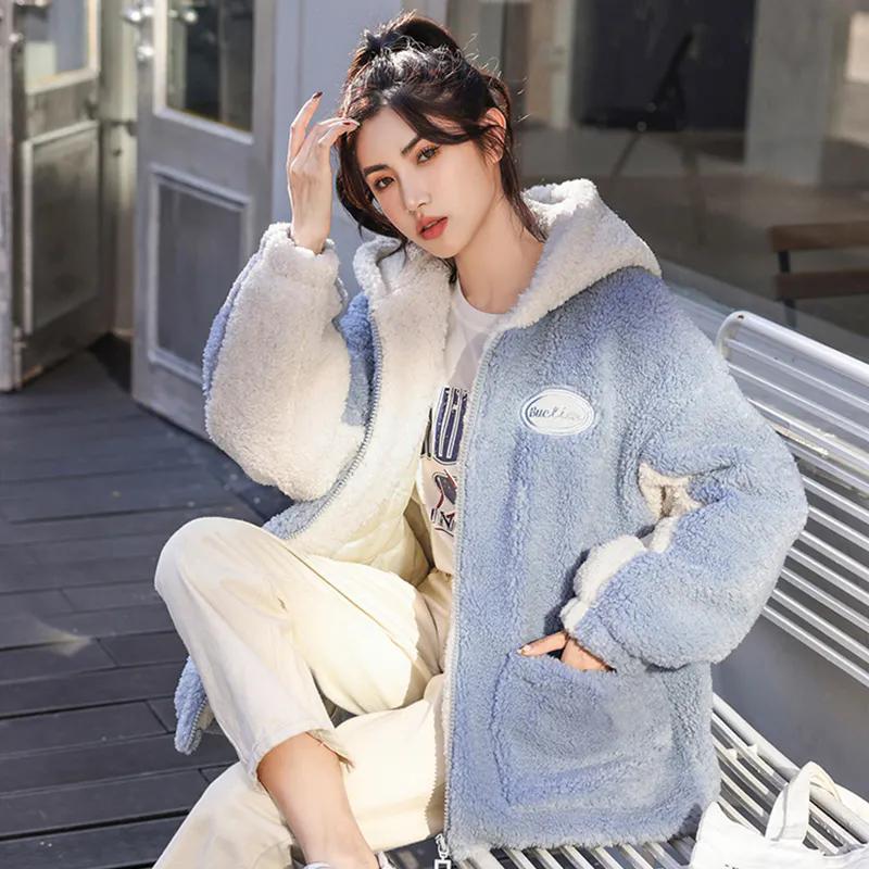 Зимнее женское теплое плюшевое утепленное пальто с капюшоном, женская универсальная короткая короткая куртка большого размера из овечьей шерсти