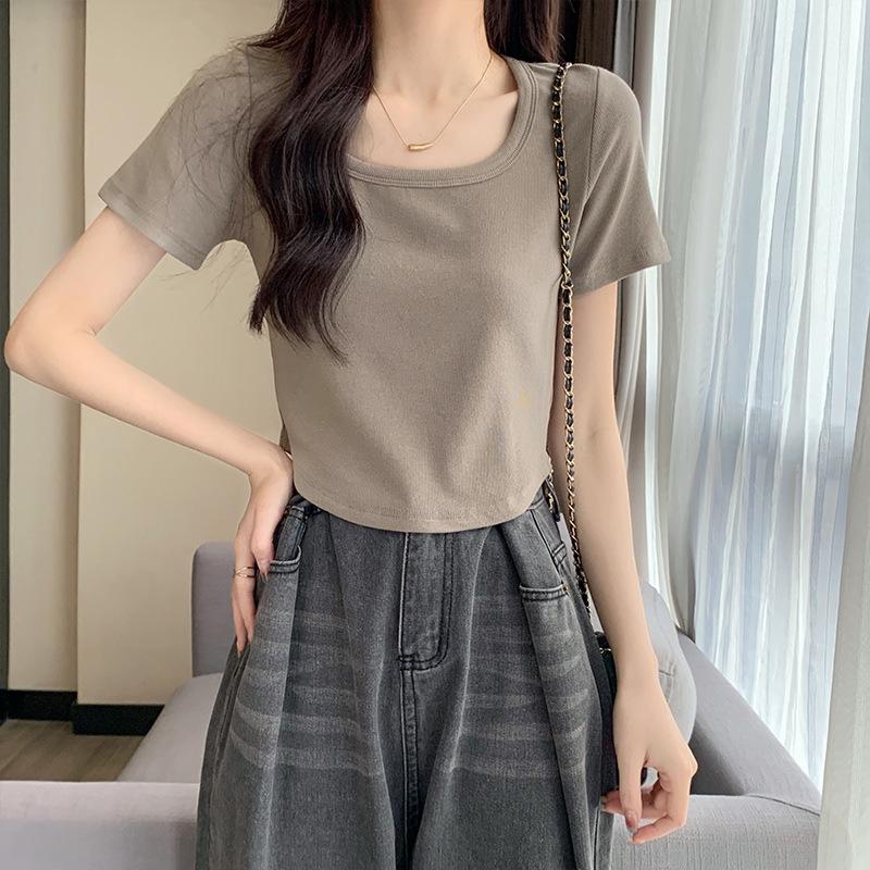 Дизайнерская ниша с закругленным подолом, круглым вырезом, короткая футболка-макарон, женская летняя горячая девушка, универсальные топы с короткими рукавами