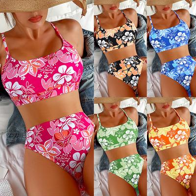 Женский купальник с принтом и открытой спиной, сексуальное бикини с высокой талией, двухсекционный пляжный костюм, купальные костюмы
