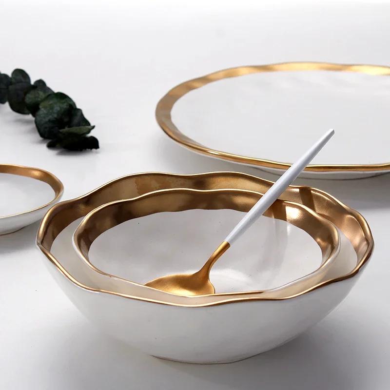 Керамическая тарелка в западном стиле из Пномпеня Матовая позолоченная тарелка для стейка Креативная ретро-тарелка для салата Набор тарелок Североевропейское блюдо для десерта