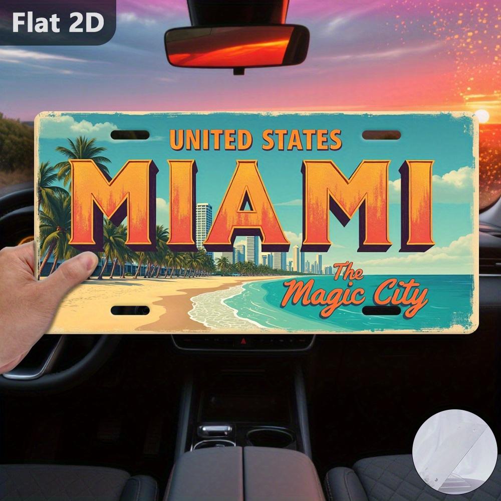 D Flat Printing Retro UNITED STATES MIAMI The Magic City with Beach Skyline Illustration Aluminum Tin Painting License Pla