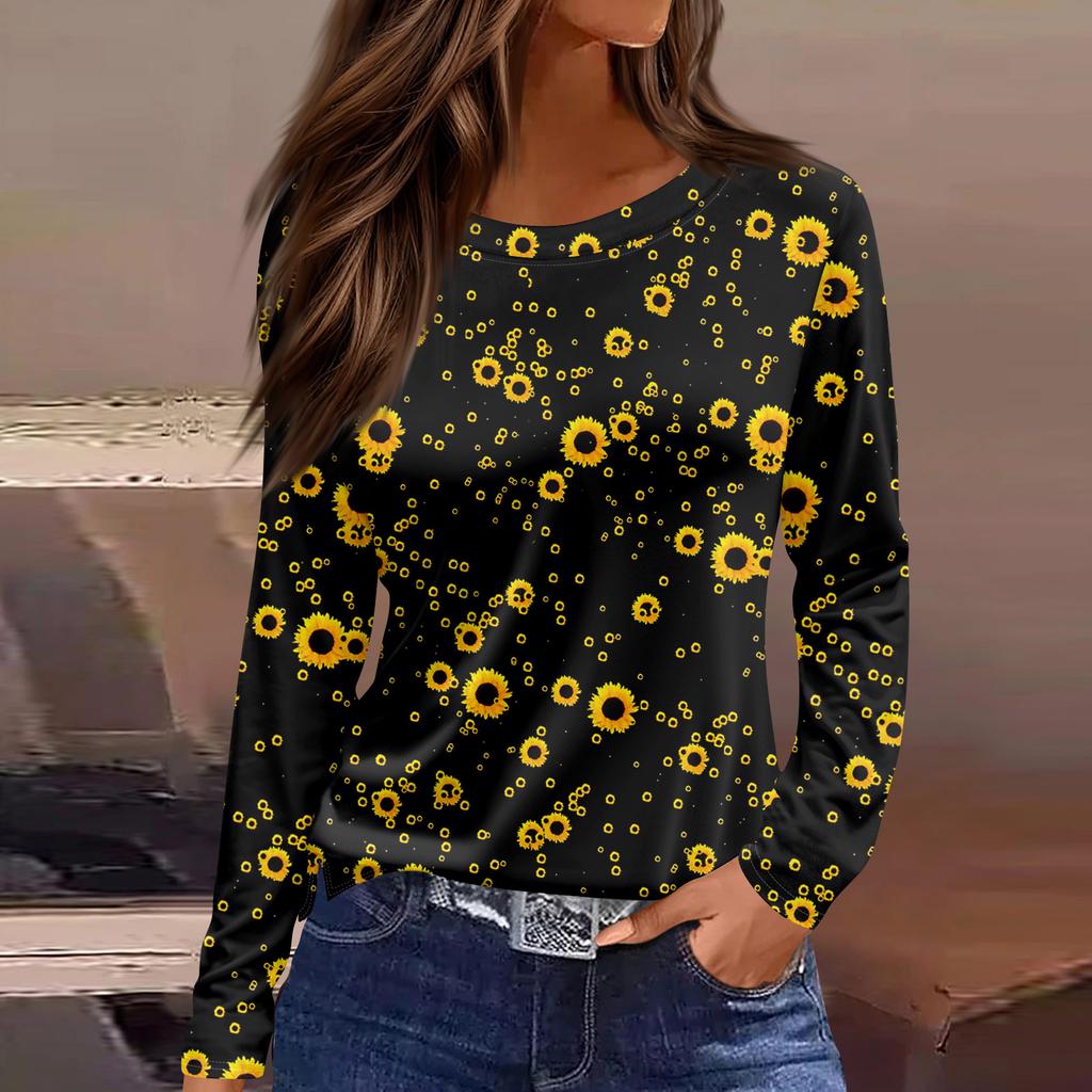 Women's Fashion Casual Slit Hem Round Neck Long Sleeve Loose Printed T-Shirt Ladies Top