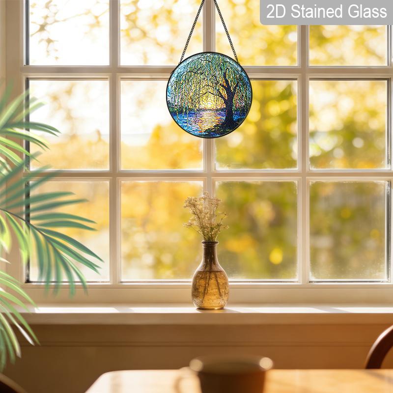 2D Flat Stained Glass Willow Tree Window Decoration Colored Glass Plate, 7.87inches Nature Tree Hanging Sun Catcher with Chain, Spring Summer Home