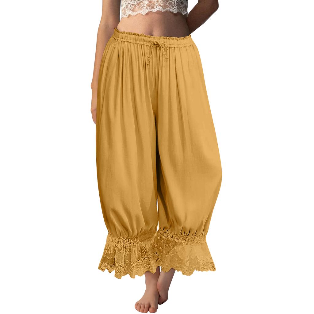 Женские брюки с кружевной отделкой, длинные, с оборками, винтажные, с широкими штанинами, летние, для пляжа, путешествий, отпуска