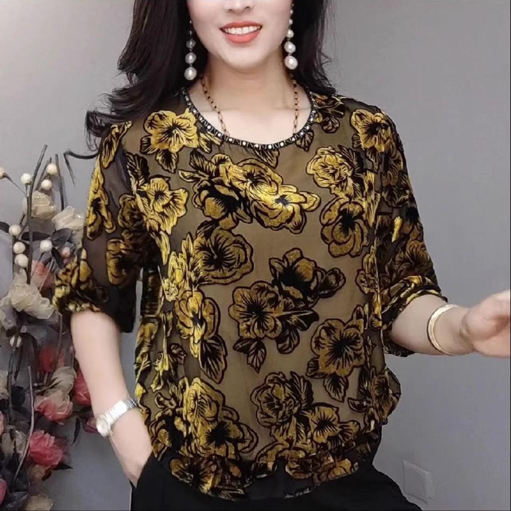 Autumn Women's Printed Velvet Blouse Loose Soft Pullover Long-sleeve Plus Size Velvet Blouse