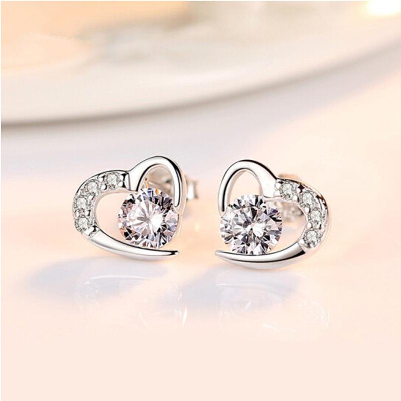 925 Sterling Silver Stud Earrings for Women Heart-Shaped Diamond Korean Style Fashion Silver Jewelry Earring Jewelry