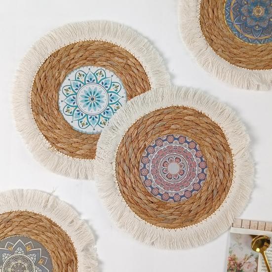 Placemat Round Thickened Heat-Resistant Table Protection Soft Straw Braided Bohemian Washable Dishes Hot Pot Pans Coffee Cup Cooking Baking