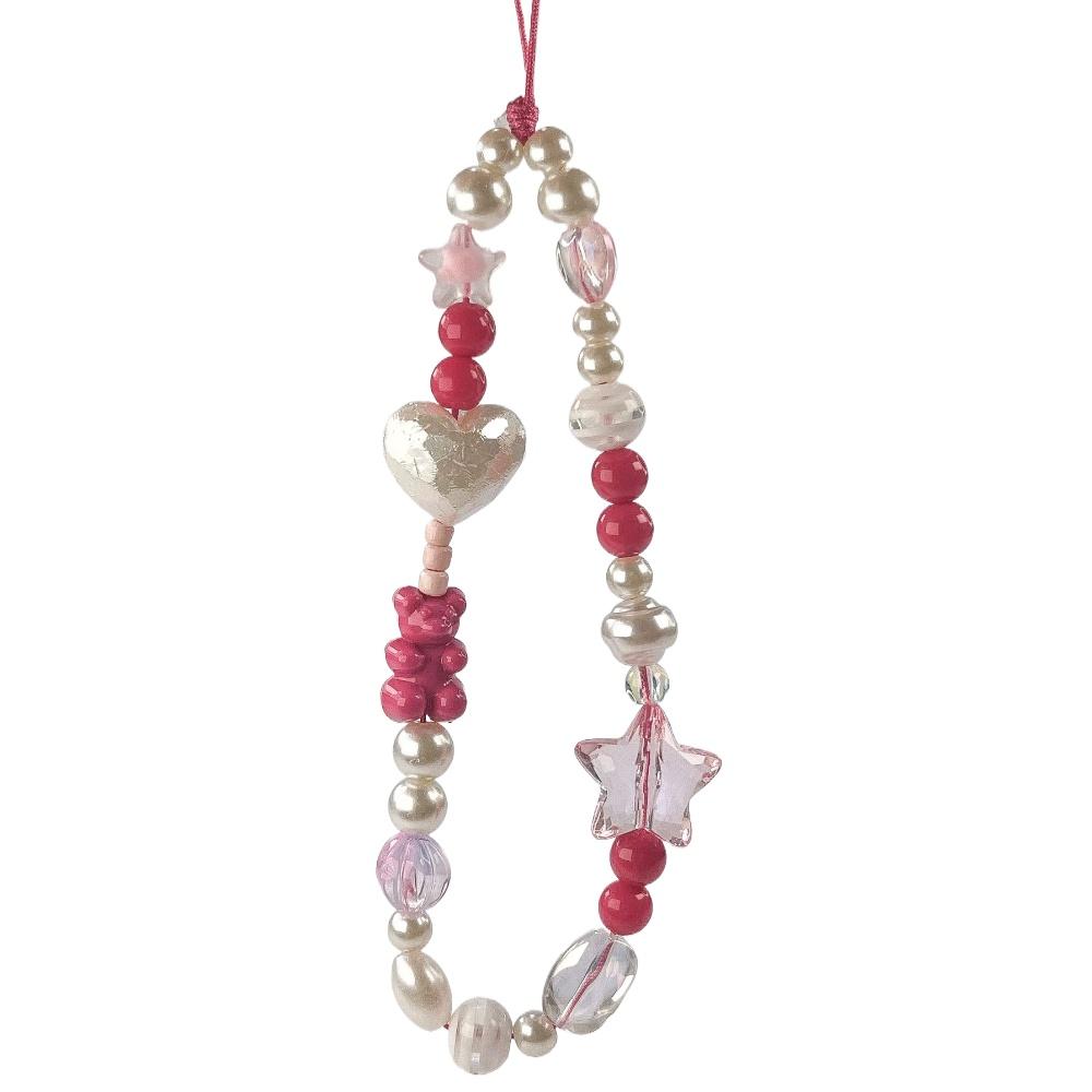 Original Handmade Heart Star Bead Phone Charm Strap Cute Red Pink Bear Beaded Keychain Camera Bag Pendant Phone Accessories