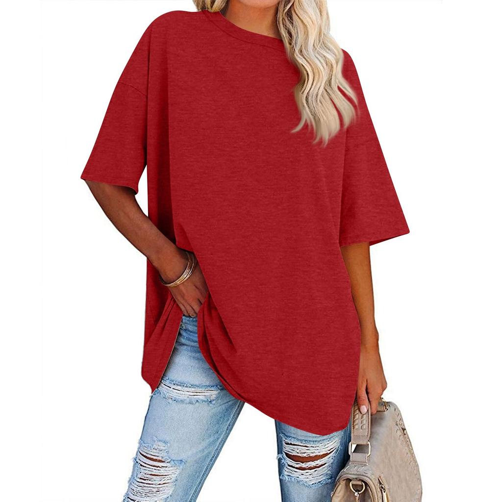 Womens' Fashionable And Casual Solid-color Basic Round-neck Short-sleeved Top