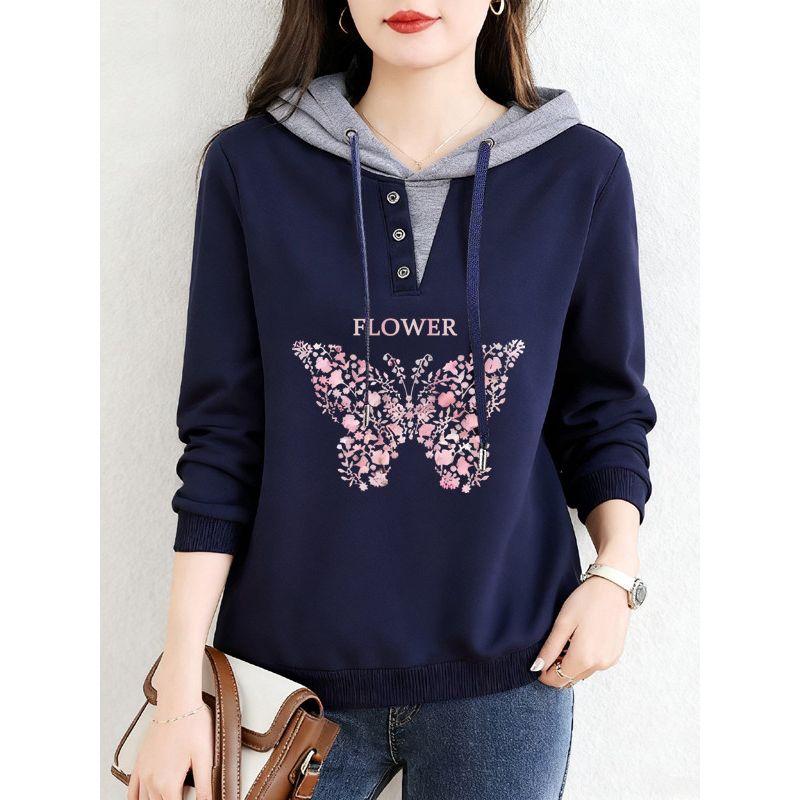 Sale for Foreign Trade Export: 100% Pure Cotton Long-Sleeve Stylish Hooded T-Shirt for Women, Autumn, Plus Size, Casual Base Shirt, Trendy Top
