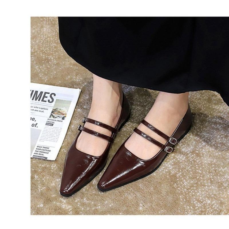 Туфли Мэри Джейн с острым носком, модные туфли с мелкой пряжкой, женские повседневные туфли на низком каблуке из кожи