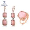 Pink Opal Jewelry Set Natural Emerald 925 Sterling Silver Ring and Earring Fine Jewelry for Women New Style