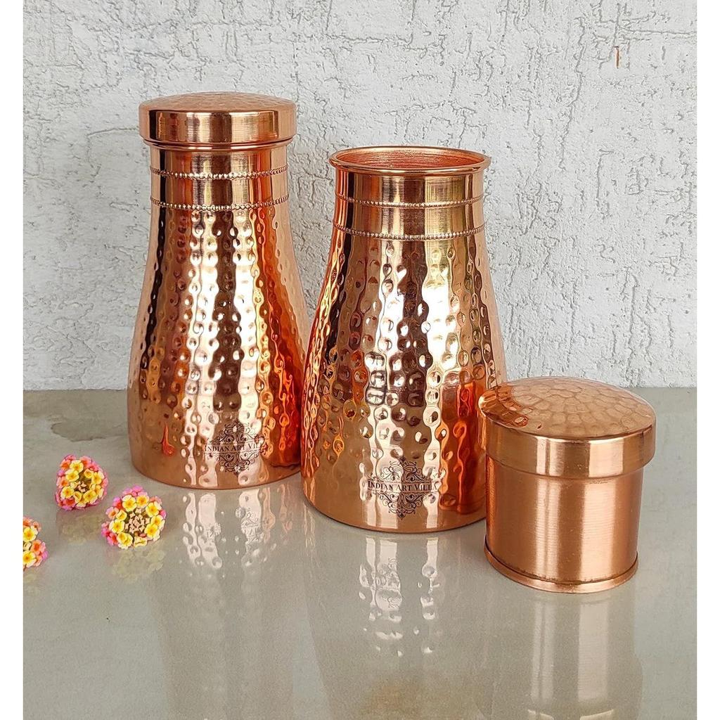 Бутылка для воды для спальни из чистой меди со встроенным стеклом, кованым блестящим дизайном, посудой для питья и предназначением для хранения, 1 литр (Упаковка из 2 шт.)